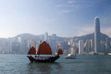 Junkboat Hong Kong skyline Asia