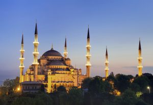 Illuminated Sultan Ahmed Mosque during the blue hour